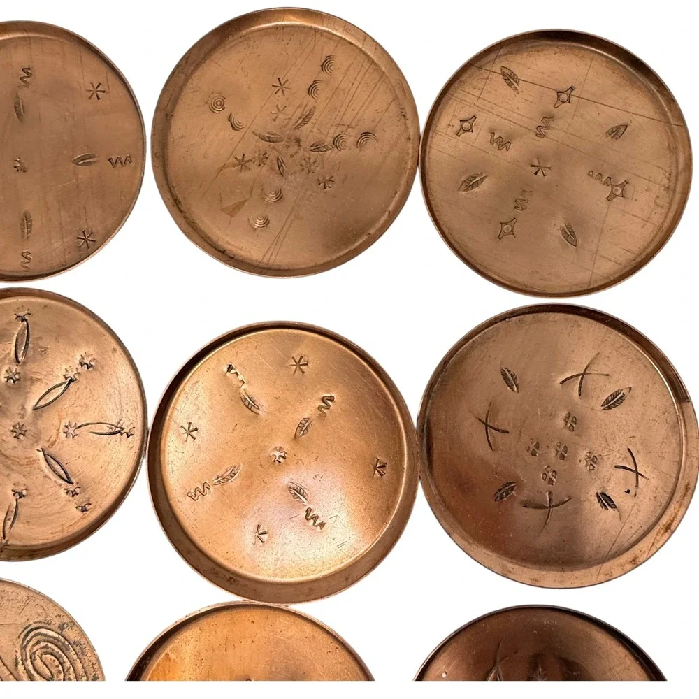 Unbranded Copper Coasters Set 16 Wood Caddy Brown Good Hand Stamped Etched MCM